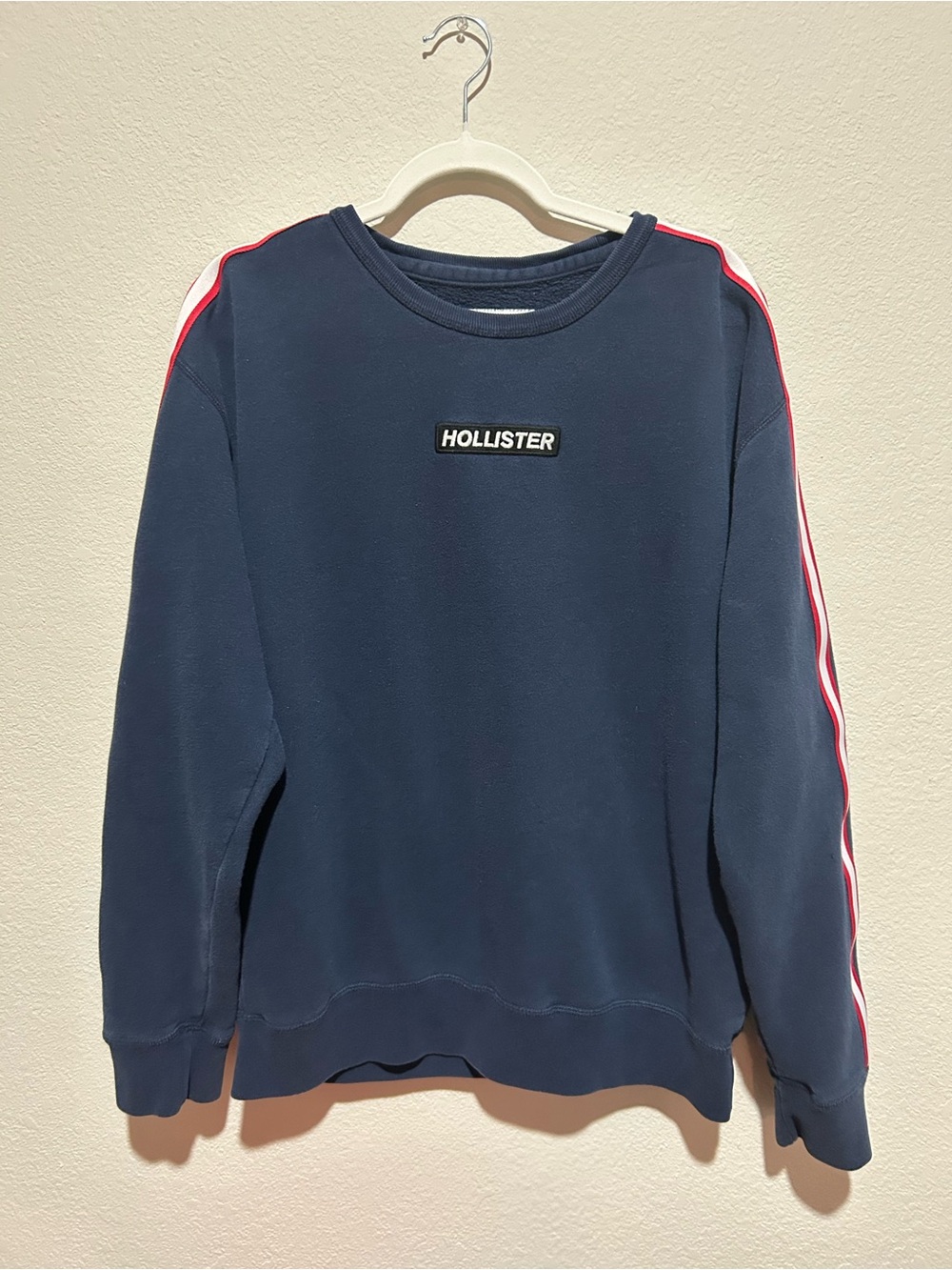 Hollister Navy Crewneck with Red & White Shoulder Stripes
